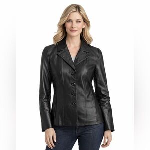 Wilson's Vintage Black Leather Maxima Button Down Jacket with Pink Lining, Small